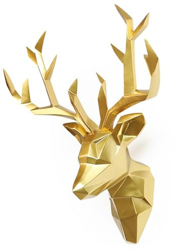 Hoixin Wanddeko 3D Hirschkopf mit Geweih Hirschkopf-Wanddekoration Harz Hirschgeweih Hirschkopf Geweih Hirsch Wandskulptur Einfach zu montieren Geeignet für Café-Bar-Schlafzimmer(Gold)
