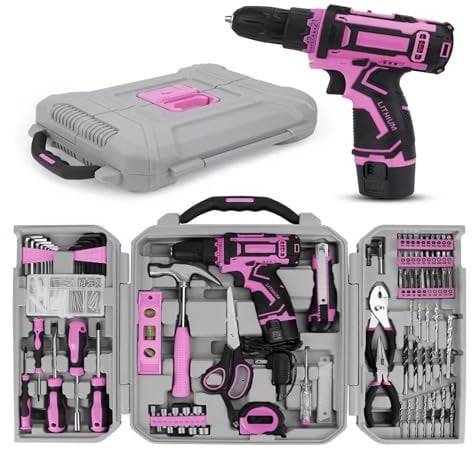 Home Tool Kit Set 219 Pieces Cordless Drill 12V Max Pink Durable Tool Box UK Plug | Household Tool Set Kit | Tool Box for Home & Office | DIY Repair and Maintenance