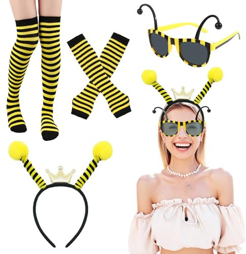 NebulaGlam 4 Stück Bienen Kostüm Damen Erwachsen, Bienen Haarreif Biene Bienenantenne Biene Brille Biene Fingerlose Handschuhe Biene Socken Bienenkostüm Erwachsene für Fasching Karneval Kostüm Da