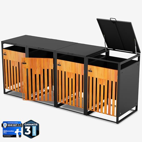 ALL Premium Mülltonnenbox 4er – Abschließbar, wetterfest & edle Holzoptik, für Garten, Hof & Straße, beliebig erweiterbar, legierter Stahl robust & langlebig