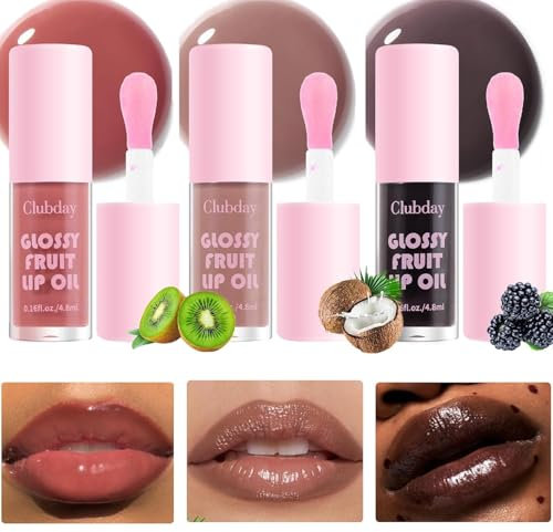 Domality Glossy Fruit Lip Oil Set, 3Pcs Pink/Nude/Translucent Black Lip Gloss, Plumping Nourishing Hydrating Moisturizing Long Lasting Lip Makeup Set