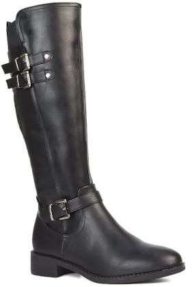 ESSEX GLAM Women's Knee High Boots Ladies Buckle Elasticated Flat Biker Riding Winter Black Synthetic Leather Calf Shoes Size 3