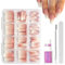 Press On Nails Kit - Long Medium Square French Tip False Nails With Glue - Glossy Nude Pink Gradient Coffin Fake Nails Set - Full Cover Acrylic Stick On Nail For Women Girls DIY Nails Art Manicure