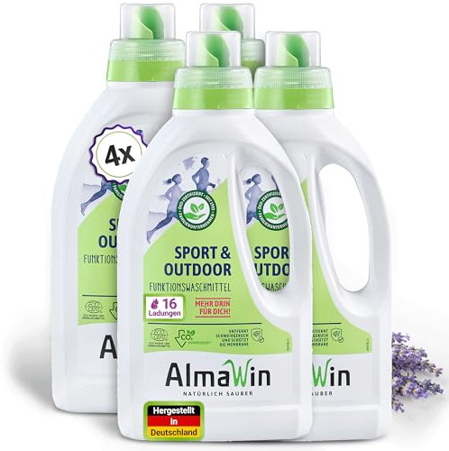 AlmaWin® Sportwaschmittel für Funktionskleidung 4x750ml entfernt effektiv Schweißgeruch - Membranfunktion-schützendes Funktionswaschmittel - Outdoor Waschmittel - Reisewaschmittel [20-40°C]