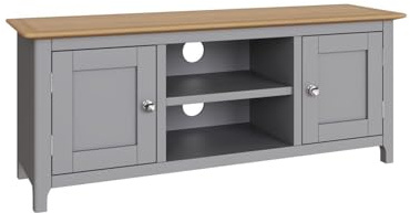FWStyle Dove Grey 2 Door TV Unit Oak Top Ready Assembled 110 x 44 x 35cm