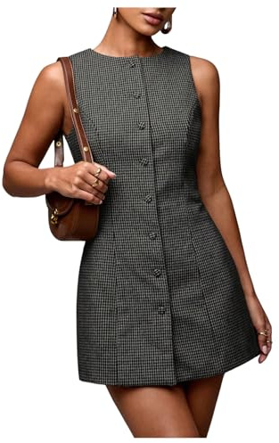 SOLY HUX Women's Plaid Button Down Dress Crew Neck Sleeveless Tie Back Work Office Mini Dresses Dark Grey Plaid Medium