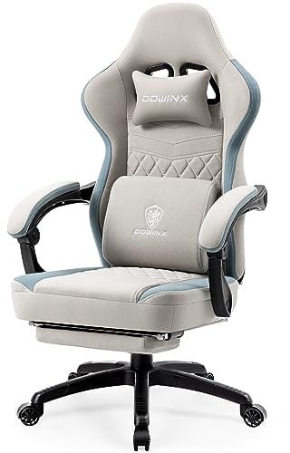 Dowinx Sedia da gaming in tessuto, con cuscino a molle insacchettate, sistema massaggiante, poggiatesta e poggiapiedi, ergonomica (grigio)