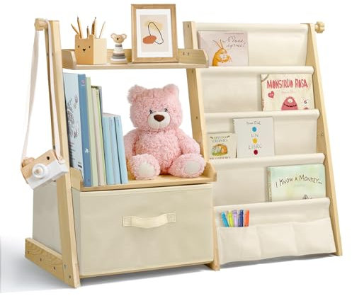 wooshwa Bücherregal Kinder Kinderzimmer Spielzeug Aufbewahrung mit 4 Regalebenen & Aufbewahrungsbox, Kinderregal Kinder Bücherregal für Regal kinderzimmer Spielzeug-Organizer - Beige