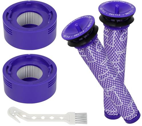 4 X Détachées Filtre pour Dyson V6 V7 V8, 2 Post-Filtres + 2 Pré-Filtres +1 Brosse de Nettoyage, Aspirateur Sans Fil Pièces de Rechange Filtre pour Dyson V8 V7
