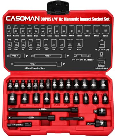 CASOMAN 30PCS 1/4” Drive Magnetic Shallow Impact Socket Set, 6 Point, CR-MO, SAE & Metric, Include Extension Bars, Socket & Hex Shank Adapters, Universal Joint