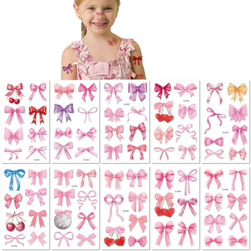 Lot De 10 Feuilles De Tatouages Temporaires Imperméables Pour Enfants, Motif Nœud Rose Mignon
