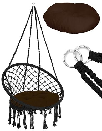 Sedia Sospesa ad Altalena Lavorata a maglia con Corda in Cotone Frange Macrame Cuscino Sfoderabile Amaca per Interni/Esterni, Patio Terrazzi Cortile Giardino Bar Capacità 120 Kg - Nero