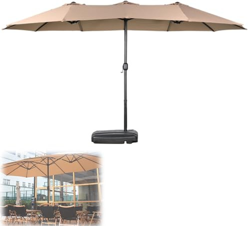 BTRUTY Groß Rechteckiger Terrassenschirm, Doppelseitiger Außenschirm Mit Basis Marktschirm Mit Kurbel Für Pool, Deck, Hinterhof, Café(Khaki,3.8 * 2m)