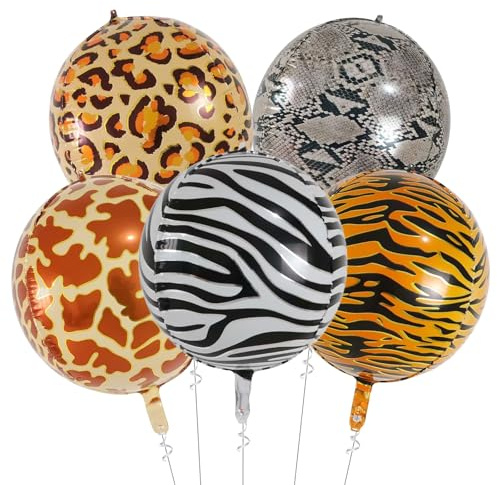 Tourima 5 Stück Tier Luftballons, 4D Folienballon Tier Zebra, Giraffe, Leopard, Tiger & Schlange Muster, Helium Luftballons Geburtstag Kinder, Dschungel Deko, Party Animals Helium Ballons Safari Party