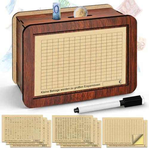 Salvadanaio in Legno con Contatore e 8 Adesivi, Pennarello Riutilizzabile, Salvadanaio con Obiettivi di Risparmio 500€-10000€ per Bambini e Adult