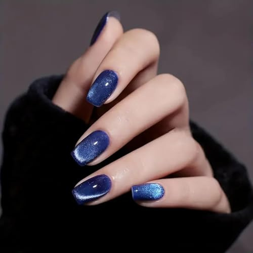 Sparkling Dark Blue Press on Nails Square Medium Shiny Glitter Blue Acrylic Nails Sparkling with Designs Glossy False Nails for Women Girls Daily Wear Manicure Decoration 24Pcs