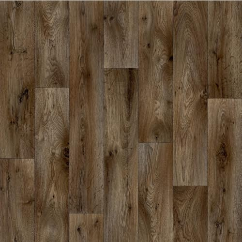 Lino Vinyl Flooring Roll, Dark Oak Wood Plank Effect, Anti-Slip, 2m-3m Width (1.5m x 2m)