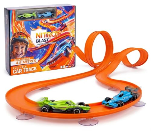 Nitro Blast - Flexible Rennstrecke, 4,1 m, kompatibel mit Hot Wheels und Matchbox, Auto-Rennstrecke mit Saugnäpfen, kreatives Spiel für Kinder