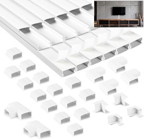 NUTKIT 4.8m Cable Trunking Kit, Cable Cover for Cord(L400mm,W25mm H13mm) | White Wire-trunking for Electric-cables, Self Adhesive Trunking for TV cables,Cable Tidy Management to Hide Wires On Wall-12X