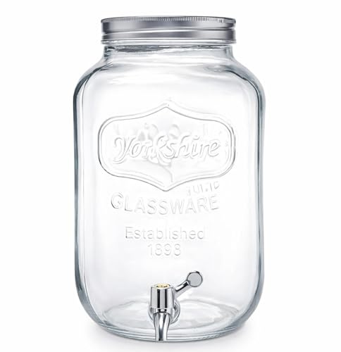 Dispensador de Bebidas de Cristal con Grifo Antigoteo, Tapa Metálica, Estilo Vintage Retro para Fiestas, Eventos, Limonada, Sangría, Agua (5 Litros (27 cm)) Bote con Grifo