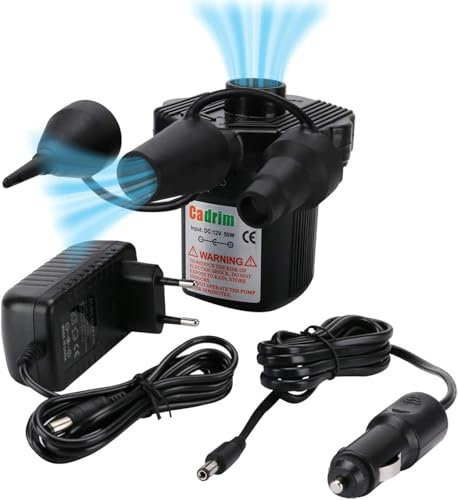Bomba de Aire Eléctrica, Cadrim DC 12V/AC 230V Bomba de Aire con 3 Accesorios con Hinchar y Deshinchar, Usado para Botes Inflables, Camas de Inflables, Piscinas Inflables etc. (Coche y Casa)