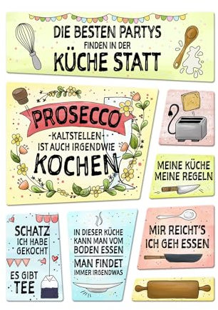 Küchen Kühlschrankmagnete 8er Set mit Thema Kochen im handgemalten Stil Koch Tee
