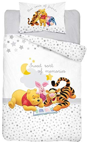 Baby Bettwäsche Set 2tlg. 100% Baumwolle Größe: 100x135 cm, 40x60 cm, ÖkoTex Standard 100 (Winnie Pooh Grau) (Stern Grau)