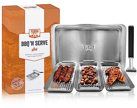 Yukon Glory Grill'n' Serve Ensemble de panier de barbecue avec 3 paniers de barbecue, plateau de service et poignée universelle clipsable en attente de brevet