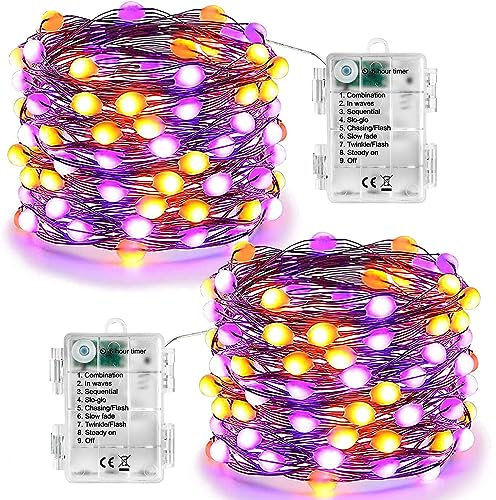 Joomer Halloween Lichterkette Outdoor Deko, 2 Stück 50 LED Orange Lila Lichterkette Batteriebetrieben 8 Modi Wasserdicht Micro Silberdraht Halloween Dekoration für Außen Innen Garten Party Fenster