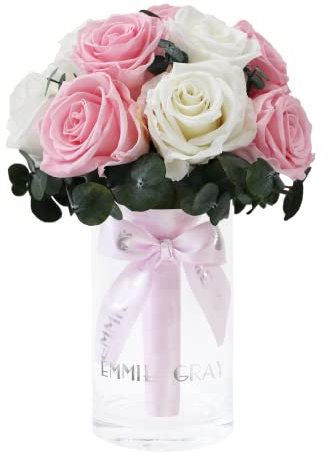 ROMANTIC EUCALYPTUS INFINITY BOUQUET | S (rosa Seidenband) - Wunderschöne Infinity Rosen mit jahrelanger Haltbarkeit, romantischer Blumenstrauß, Hochzeitsstrauß mit Glasvase (Bridal Pink / Pure White)