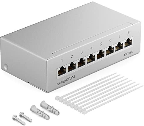 deleyCON CAT 6a Panneau de Brassage Panneau de Distribution 8 Ports 1 UH Desktop & Mural Blindé 8x Prise RJ45 LAN Câble D'installation Réseau TIA568A TIA568B RAL 7035 Gris Clair
