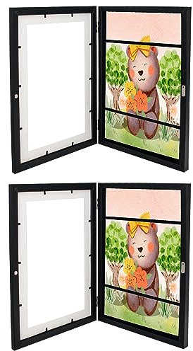 Bilderrahmen A4 Kinderzeichnungen,kinder kunstbilderrahmen zum öffnen, A4 aufklappbar Frontöffnung Bilderrahmen Kinderbilder,Befüllbarer Wechseln fotorahmen für Kinderzeichnung(2pc,schwarz)
