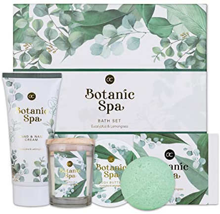 accentra - Geschenkset Frauen BOTANIC SPA 5-teilig - Badeset mit Kerzenhalter, Seife, Handcreme, Körperbutter & Badebombe – Wellness Set für Frauen & Mädchen Geburtstag Duft: Eucalyptus & Lemongrass