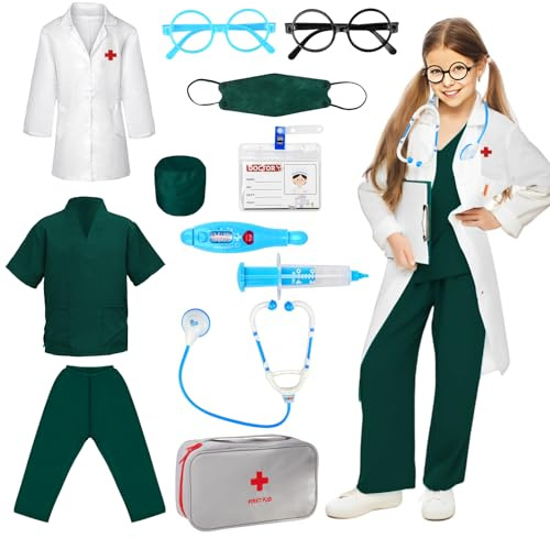 12 pezzi Costume da medico per bambini, costume da scienziato per bambini, gioco di ruoli, costume da medico, vestaglia da laboratorio con stetoscopio occhiali termometro siringa, regali per bambina