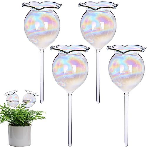 4 PCS Large Iridescent Glass Plant Watering Bulbs Clear Glass Plant Water Drippers Colorful Flower Shape Self-Watering Bulbs Automatic Irrigation Device Plant Water Globes for Indoor and Outdoor Plant