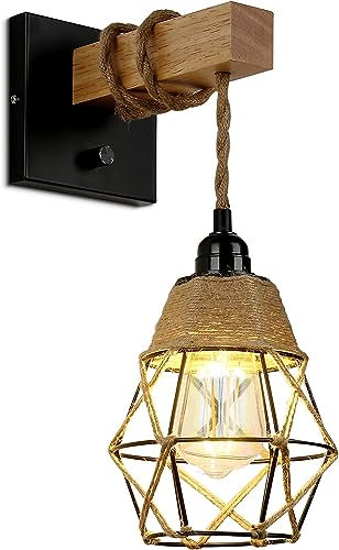 Lampop Wandleuchte Innen Holz, Dimmbar Vintage Wandlampe Schwarz Retro Industrial Metall Wand Lampe E27 mit Schalter für Wohnzimmer Schalfzimmer Treppenhaus Flur Cafe Bar(inkl. Leuchtmittel