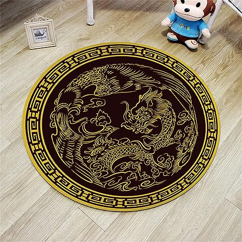 Highdi Tapis Rond Salon, Tapis de Sol Décoration Antidérapant pour Salon Chambre Cuisine Balcon Terrasse Salle à Manger Intérieur Extérieur Enfants -Style Chinois (80cm,Dragon Phénix)