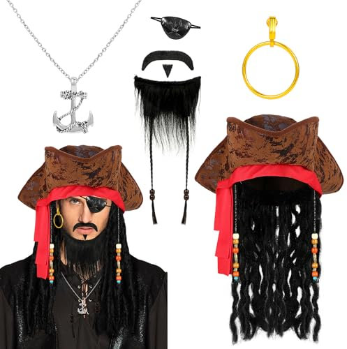 Piraten Accessoires Herren Damen Piratenhut mit Piraten Perücke Augenklappe Pirat Schmuck Fake Bart Piraten Kostüm Zubehör Erwachsene für Halloween Fasching Karneval Kostüm Accessoire