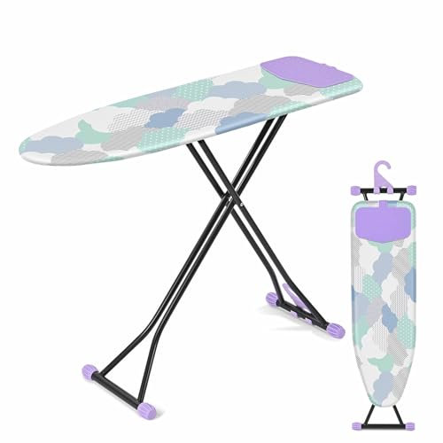 KINGRACK Ironing Board, Iron Board with Silicon Iron Rest, Extra Thick Cover and Pad, Ironing Table Height Adjustable, With Smart Hanger, Heavy Duty Legs, Colorful Clouds