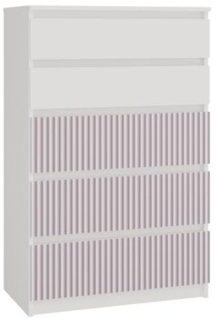 VBChome Kommode 70 x 40 x 110 cm Weiß - Rose Kommode mit 5 Schubladen für das Schlafzimmer Grifflose Zimmer Kinderzimmer Modern Stilvoll Weiß - DREI Rose Fronten mit Motiv Gedrucktes Muster