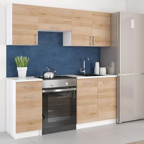 roe furniture Küchenzeile ohne Elektrogeräte - Modern Einbauküche 180 cm - Küche Komplett Leco - Küchenblock - Geräumige Singleküche - Küchenmöbel Komplett Buche Artisan & Weiße Arbeitsplatte