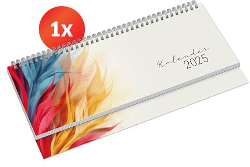 PRIMUS PRINT Tischkalender 2025 Quer Wochenkalender – Terminkalender und Jahreskalender – 297x130mm, 75g Naturpapier, 64 Seiten, Drahtkammbindung, Feiertage und Schulferien - [Einzeln - Bunt]