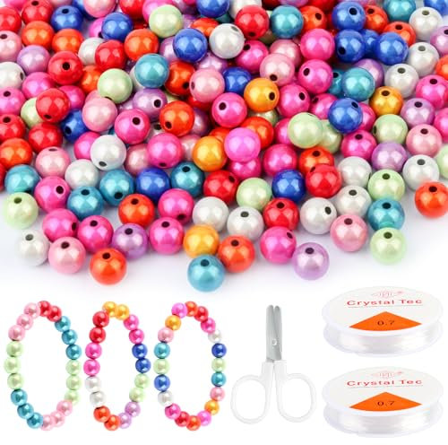 Etwa 250 Stück 8mm Magic Pearls, Rund Miracle Beads mit Elastischer Kordel und Kinderschere, Acryl Reflektierende Perlen für die Schmuckherstellung
