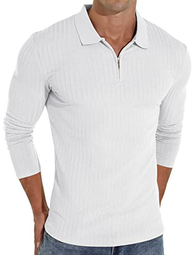 Sailwind Zipper Polo Shirts for Men Long Sleeve Slim Fit Shirts Casual Stretch Ribbed Knit Zip Shirt (White, L)