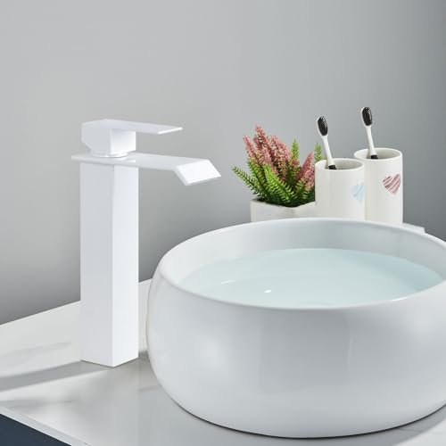 PHASAT Robinet Salle de Bain Cascade Moderne Robinet Lavabo Blanc Mitigeur Lavabo avec bec Hauteur 205 mm,Accessoire pour Lavabo PTMP19W