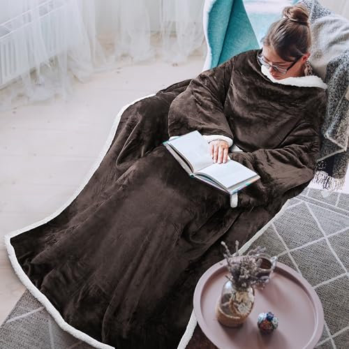 Catalonia Classy Sherpa Blanket with Sleeves, Brown Warm Micro Plush Sofa Fleece Blanket, Fluffy Wrap Throw Blanket, for Adult Women Men 183cm x 140cm (72 x 55”), Brown