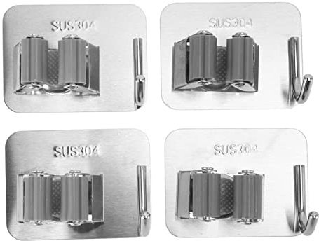 Locadence 4Pcs Broom Holder Wall Mount, Stainless Steel Broomstick Shovel Handle Hanging Clips, Household Cleaning Organizer with Hook for Laundry Rooms, Gardens