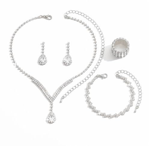 FDEETY Brautschmuck Set Hochzeit Kristall Halskette Armband Ohrringe Ring Abschlussball Brautparty Brautjungfer Schmuckset Verlobung Braut Geschenk für Freundin Mutter Ehefrau(Silber)