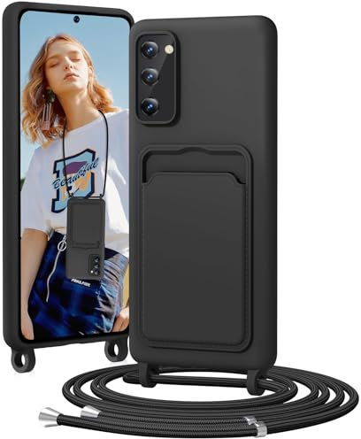 BENTIACC Handykette Silikon Hülle für Samsung Galaxy S20 FE mit Band, Handyhülle mit Kartenfach, Abnehmbar Kordel Kette, Stoßfeste Schutzhülle für Samsung Galaxy S20 FE (Schwarz)