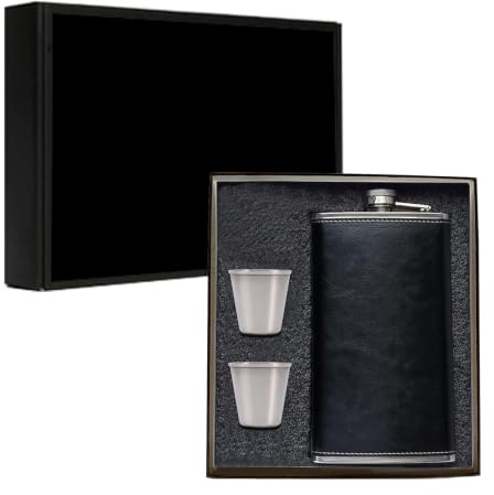 12oz Hip Flask for Liquor, Leather Wrapped Flask Alcohol with Shots, Black | Leak Proof, Stainless Steel, Pocket Whiskey Flask for Hiking, Camping, Great Birthday Christmas Gift for Men